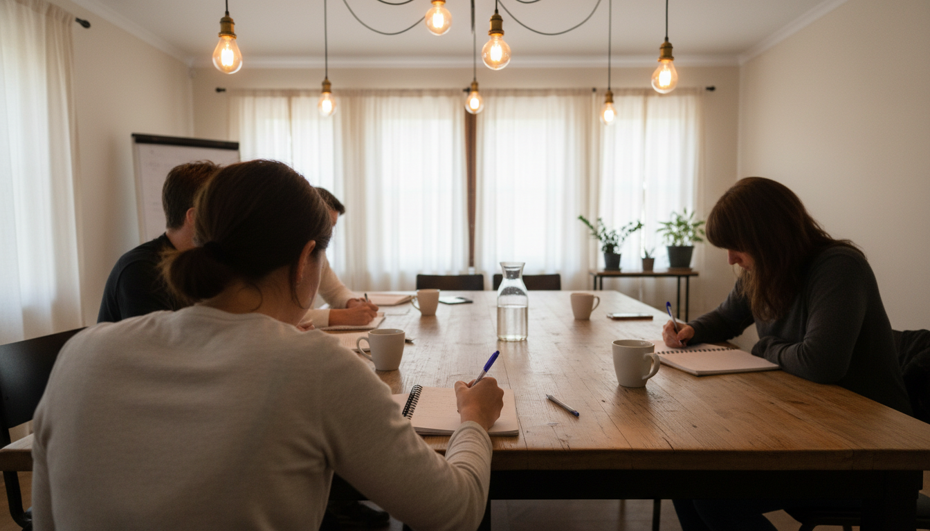 A small board meeting around a community-room table, one person taking handwritten notes.