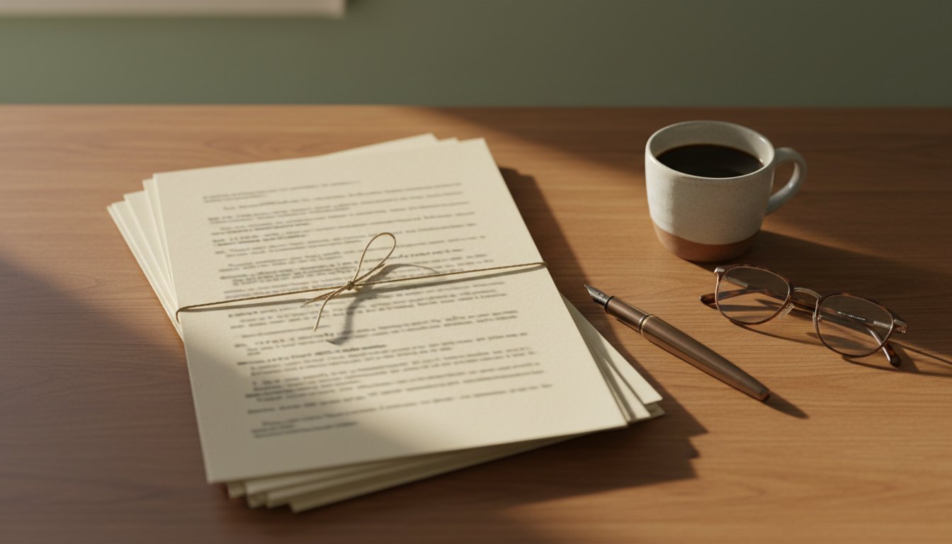 A tied stack of formation paperwork on a wooden desk beside a fountain pen, reading glasses and a mug of coffee, in warm afternoon light.