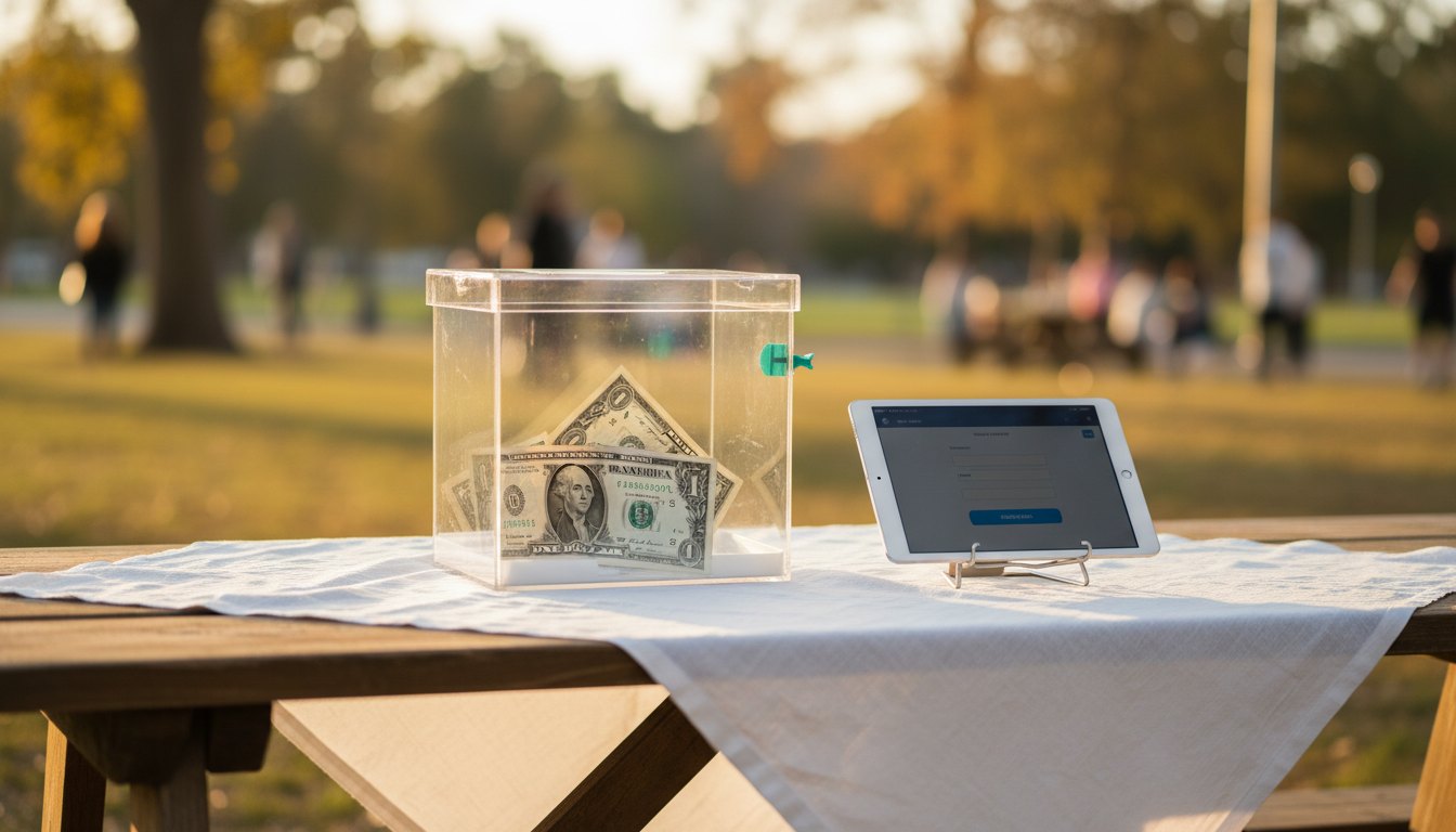 A volunteer's hands placing a donation into a collection box at a community event table.