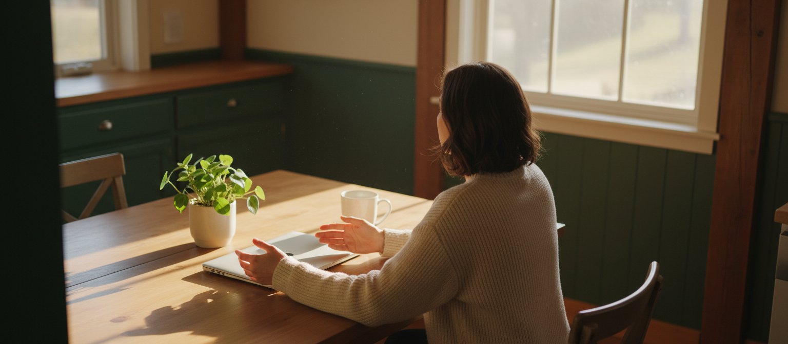 A founder at a sunlit kitchen table beside a closed laptop, a coffee mug, and a small green plant, seen from behind. A calm, hopeful starting-the-work moment.